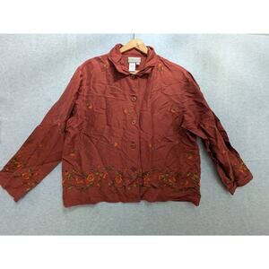 Coldwater Creek Silk Jacket Women's M Rustic‎ Brown Embroidered Floral Button Up